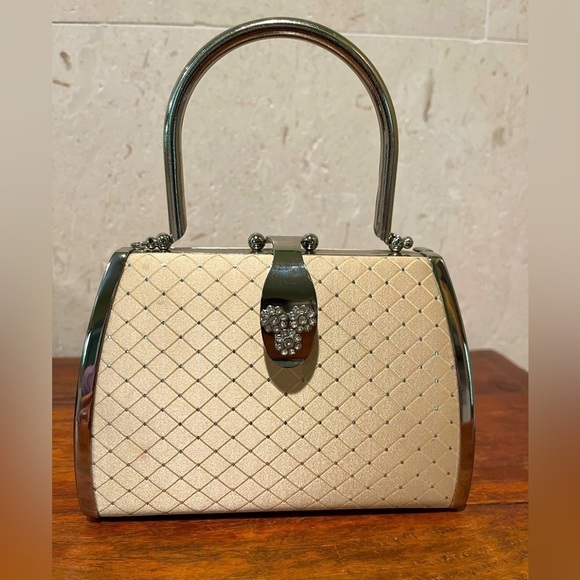 Champagne and Silver Diamond Satin Print Mini Cocktail Bag w/ Rhinestone Clasp - Picture 1 of 8